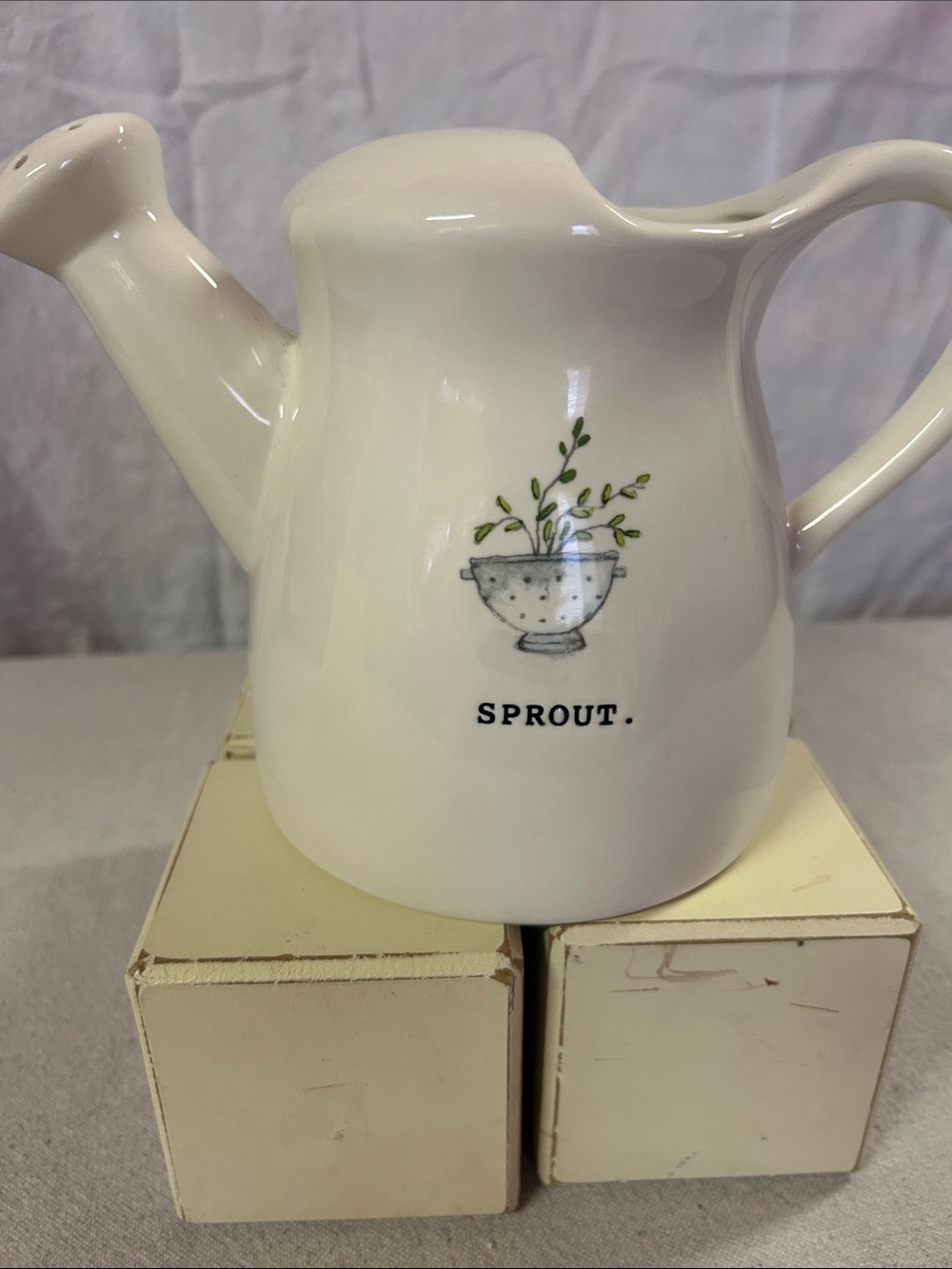 Rae Dunn Cream Ceramic Sprout Watering Can Pitcher
